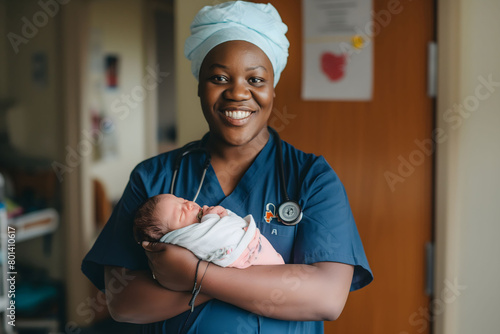 Happy nurse midwife holds newborn baby in arms at hospital. International Nurses Day concept.