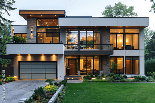 A sleek, modern home with large windows and glass accents. Created with Ai