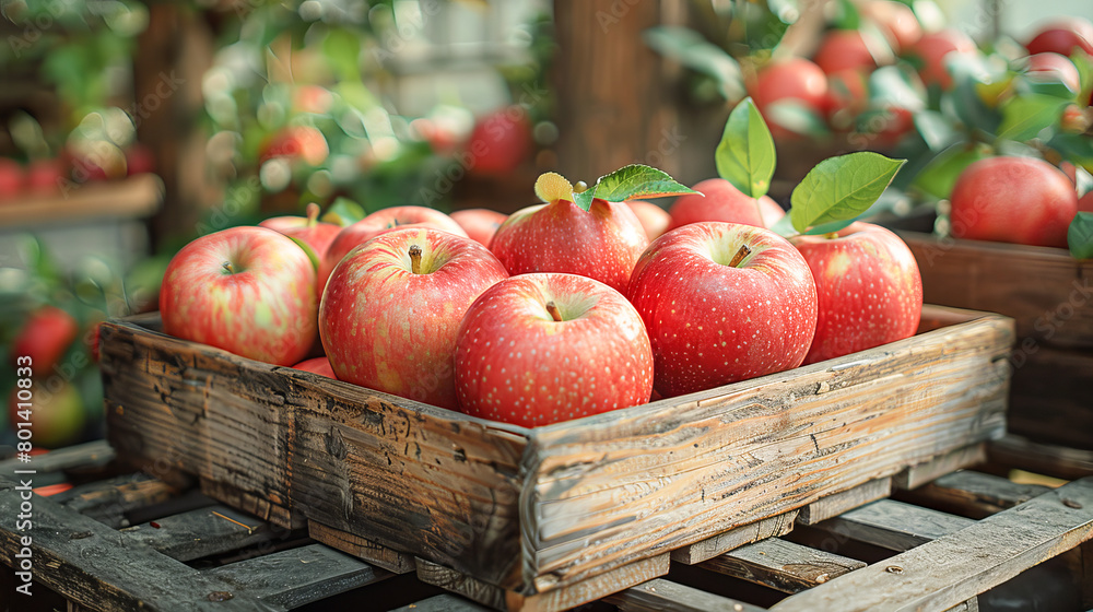Ripe red apples are collected in a wooden box against the background of a garden and sunlight. The concept of agriculture, healthy and natural nutrition Ripe red apples are collected in a wooden box against the background of a garden and sunlight. The concept of agriculture, healthy and natural nutrition