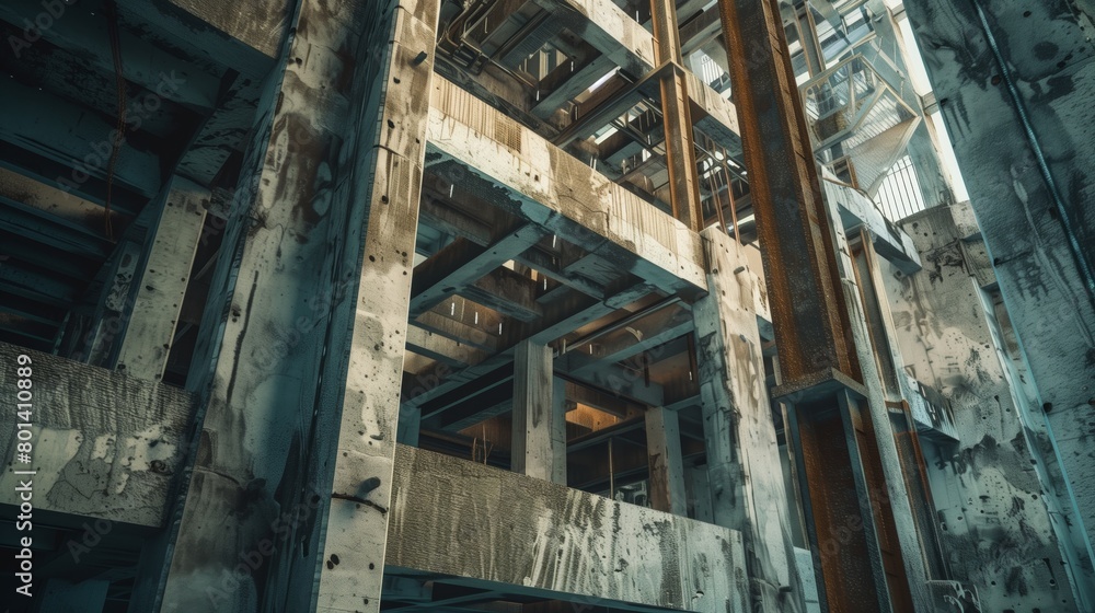 Detailed view of an old, rusting, and weathered industrial structure with metallic beams and concrete.