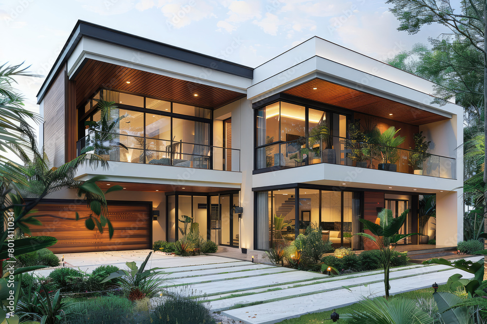 A stunning modern house with large glass windows, sleek wooden exterior walls and a lush green lawn. Created with Ai