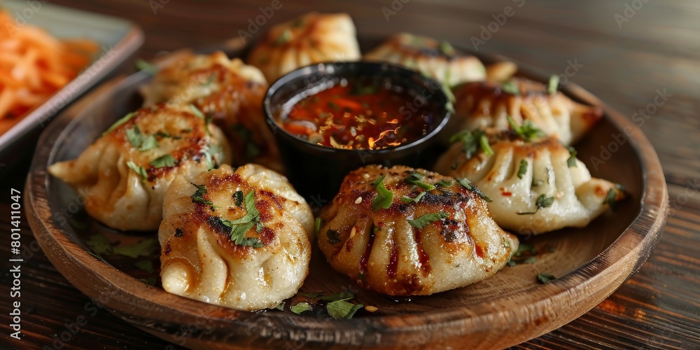 Wooden Plate With Dumplings Covered in Sauce Wooden Plate With Dumplings Covered in Sauce