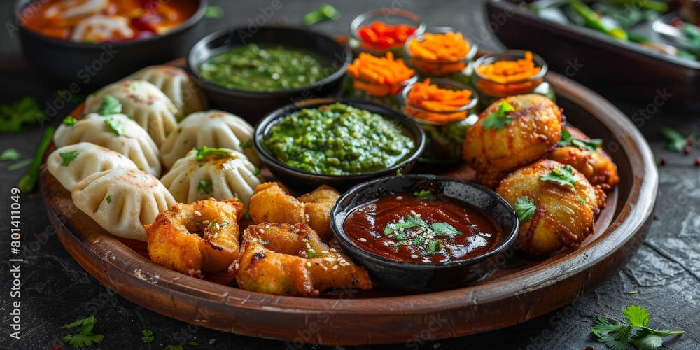 Plate of Food With Dumplings and Sauces Plate of Food With Dumplings and Sauces