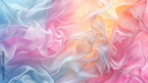 Abstract image of colorful, flowing fabric textures in pastel shades of pink, blue, and yellow.