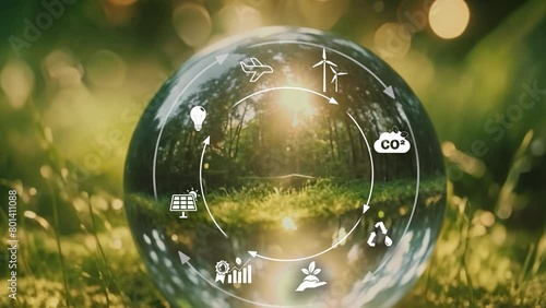 Circular economy concept for future business growth and environmental sustainability and reduce pollution for future business and environmental growth.Crystal gloge with digital icons no logo loop. Co photo