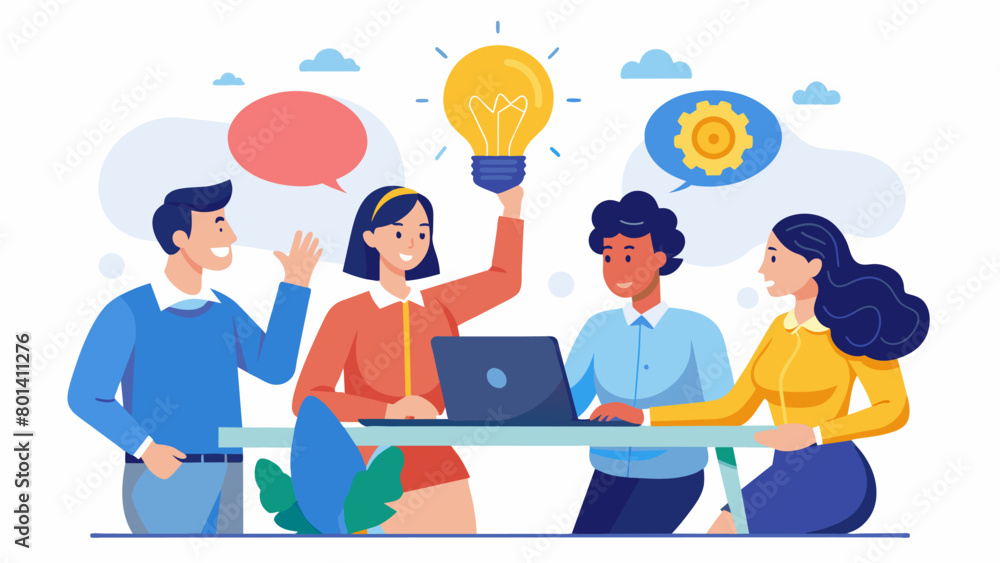 In a project meeting a neurotypical employee suggests a creative idea which is then expanded and enhanced by their neurodivergent colleagues. Vector illustration In a project meeting a neurotypical employee suggests a creative idea which is then expanded and enhanced by their neurodivergent colleagues. Vector illustration
