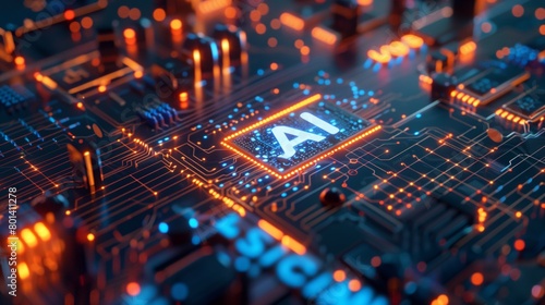 Detailed close-up of a futuristic AI-enhanced circuit board with glowing lights and intricate pathways.