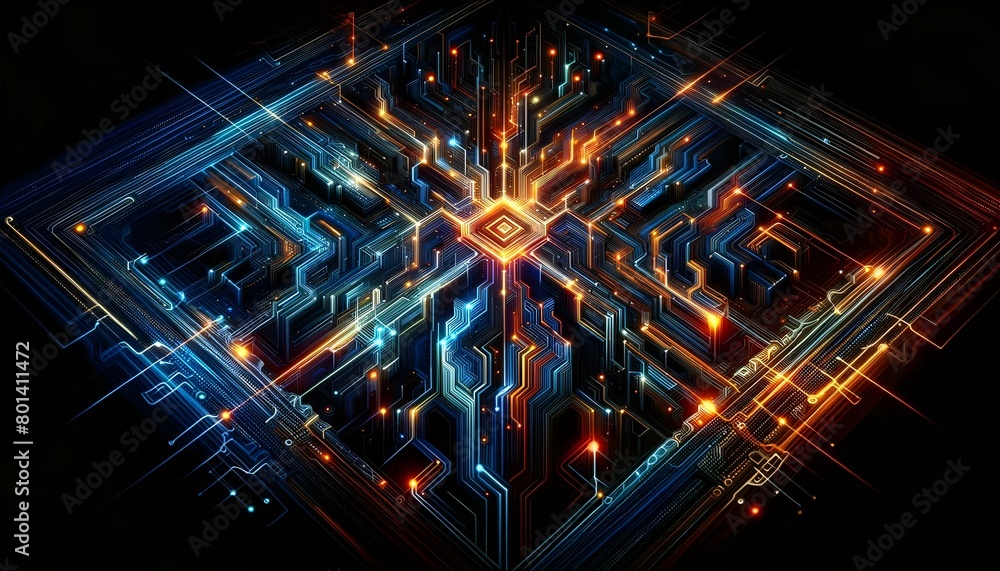complex circuit board pattern featuring a central symmetrical design in neon blue and orange tones. complex circuit board pattern featuring a central symmetrical design in neon blue and orange tones.