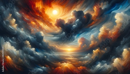 This image features an artistically rendered, swirling cloud vortex illuminated by a bright central sun, blending fiery orange and cool blue tones.

 photo
