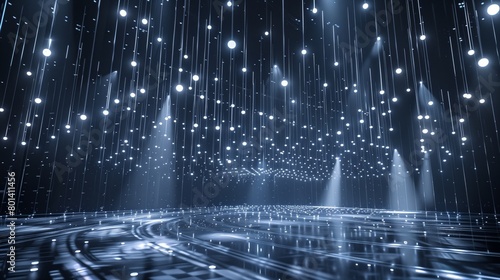 Futuristic scene with numerous white light dots descending in beams on a dark, reflective surface.