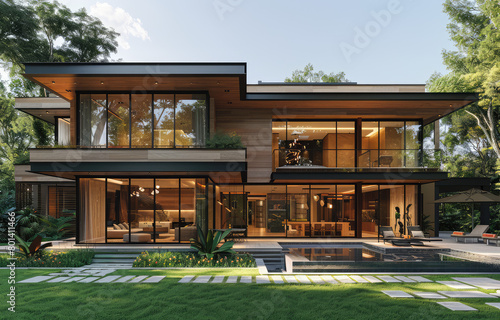 A two-story modern house with large glass windows, wooden accents and flat roofs on the front facade, surrounded by a lush green lawn. Created with Ai