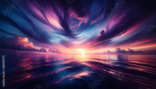 This image depicts a surreal, vividly colored sunset over a calm sea, with swirling purple and pink clouds reflecting dynamically on the water's surface.

 photo