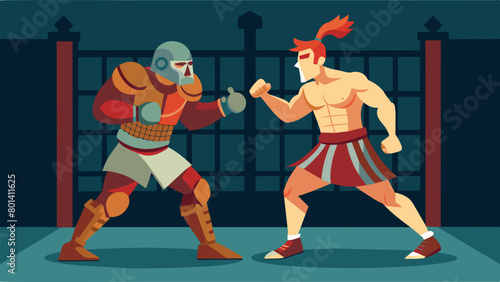 A Roman gladiator in full gladiator gear sparring with a mixed martial artist in a cage showcasing how combat techniques have evolved over time.