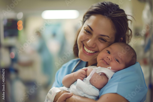 Happy nurse midwife holds newborn baby in arms at hospital. International Nurses Day concept.