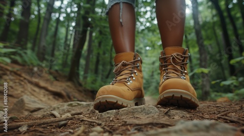 A Hiker's Boots on Forest Trail.