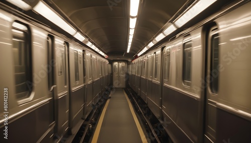 A blurred image of a moving subway train 