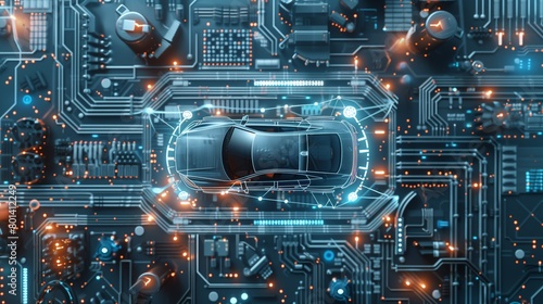 Futuristic depiction of a transparent car surrounded by advanced circuit board technology.