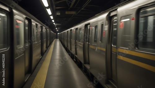 A blurred image of a moving subway train 