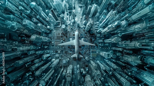 An airplane centered in a futuristic, highly detailed technology landscape in monochrome blue.