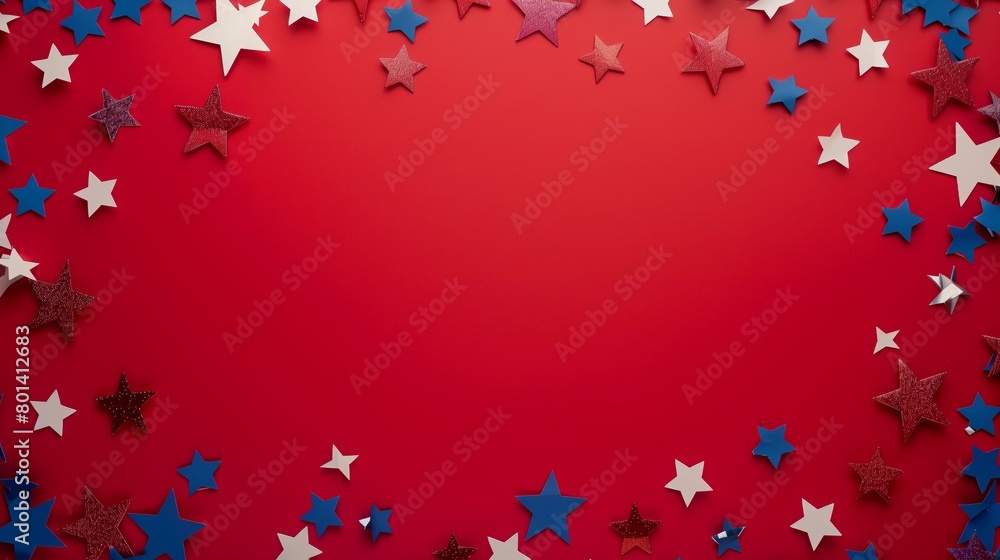 A vibrant red background scattered with multicolored stars, celebrating a festive or national theme. A vibrant red background scattered with multicolored stars, celebrating a festive or national theme.