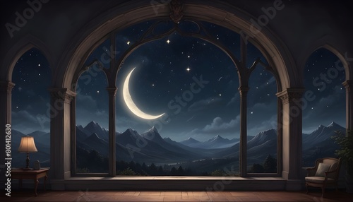 A large arched window overlooking a night sky with a crescent moon and stars  the window frame dark and ornate  creating a dramatic contrast with the serene  moonlit landscape outside