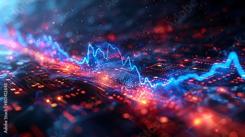 Capture the dynamic pulse of the economy with a design that features a blue heartbeat line on a monitor, which suddenly rises into a digital upward arrow, encapsulated by flowing stock market numbers photo