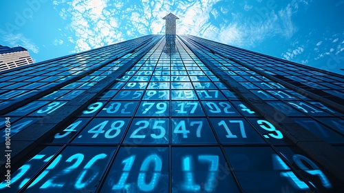 Capture the essence of corporate growth with a visually stunning image of a corporate building silhouette filled with dynamic stock charts and digital numbers. photo