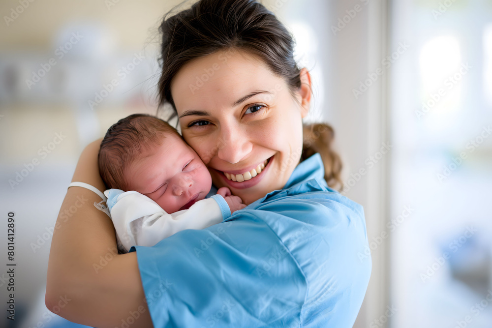 Happy nurse midwife holds newborn baby in arms at hospital. International Nurses Day concept. Happy nurse midwife holds newborn baby in arms at hospital. International Nurses Day concept.