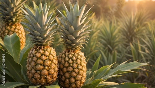 pineapples growing on a plant  with a warm  golden sunset in the background