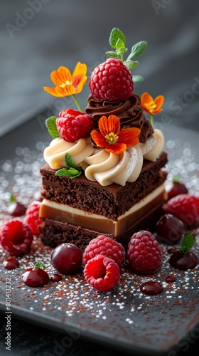 A piece of cake with, cream and rasberry on top
