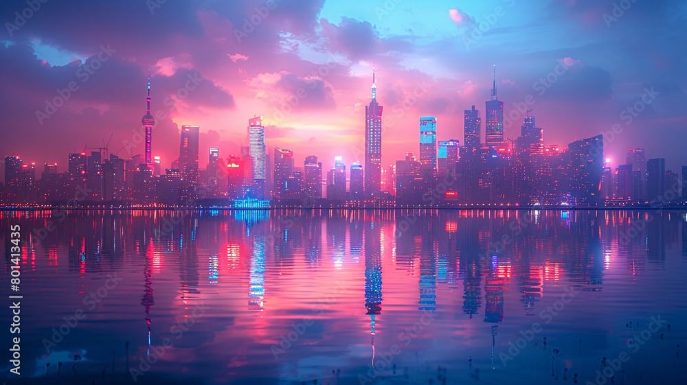 Neon-infused city skyline reflecting off a tranquil lake.