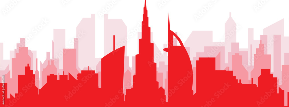 Red panoramic city skyline poster with reddish misty transparent background buildings of DUBAI, UNITED ARAB EMIRATES Red panoramic city skyline poster with reddish misty transparent background buildings of DUBAI, UNITED ARAB EMIRATES
