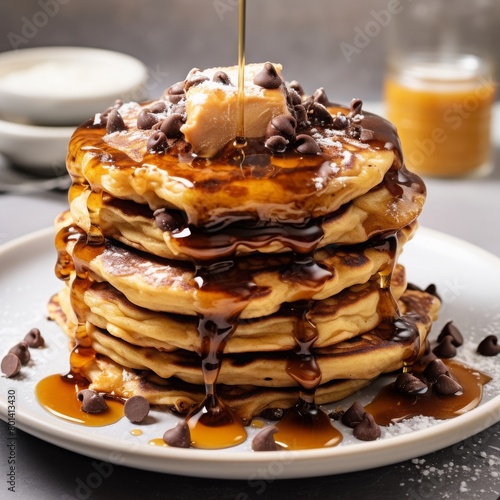 pancake with butter cube and pouring of honey with chocolate chips on it