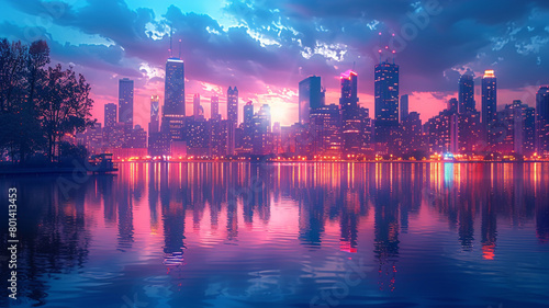 Neon-infused city skyline reflecting off a tranquil lake. © shafiq