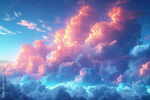 Ultra-modern digital mosaic, composed of vibrant, pixelated clouds in a sky of binary code.