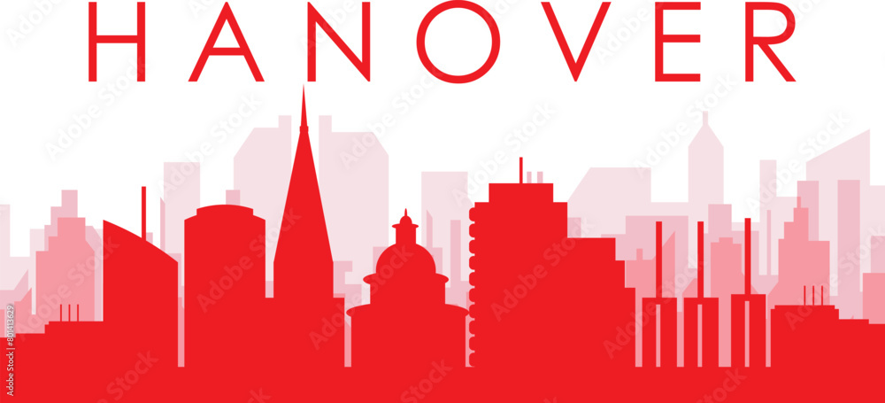 Red panoramic city skyline poster with reddish misty transparent background buildings of HANOVER, GERMANY