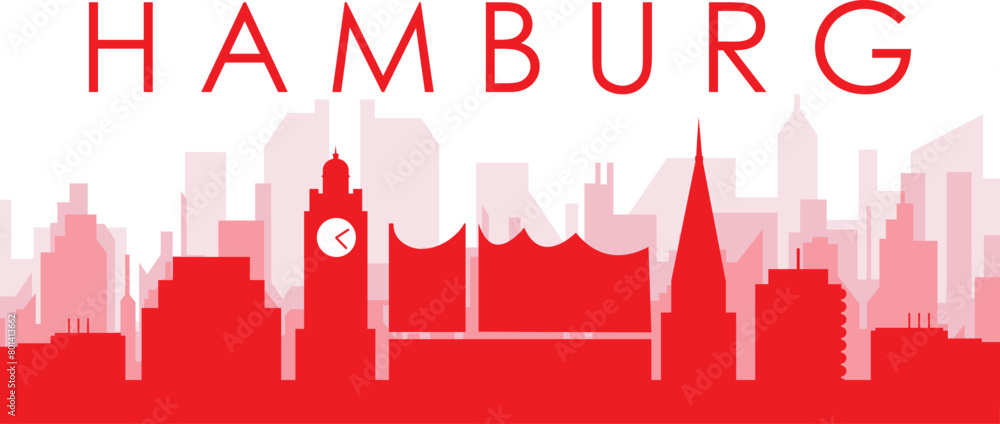Fototapeta premium Red panoramic city skyline poster with reddish misty transparent background buildings of HAMBURG, GERMANY