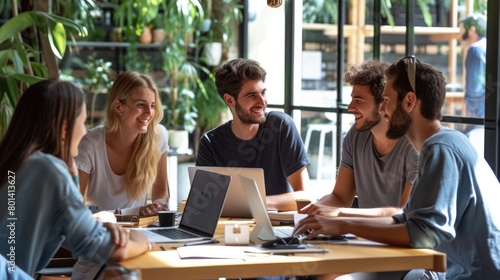 A lively team gathers around a laptop, engaging in a collaborative discussion in a well-lit, modern office setting. AIG41