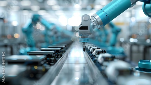 Hightech robotic assembly line in manufacturing plant efficiently assembling electronic devices. Concept Industrial automation, Robotics technology, Electronics manufacturing