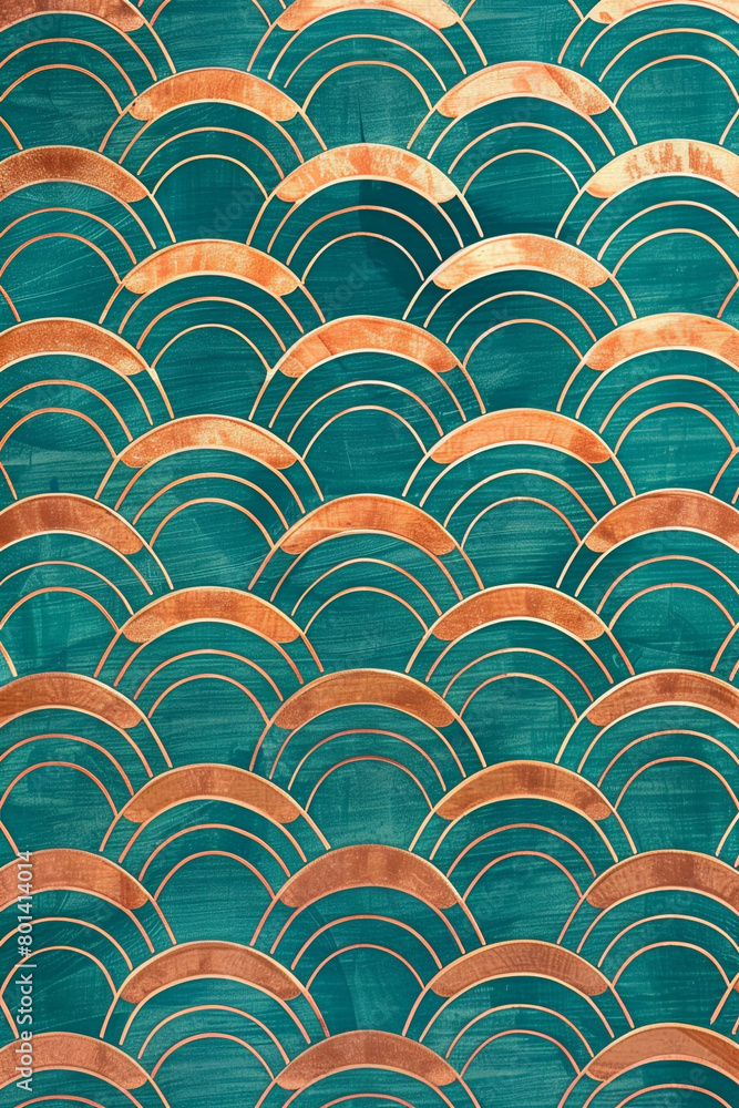 Vibrant teal and warm copper wave pattern, refreshing and inviting for boutique hotel interiors Vibrant teal and warm copper wave pattern, refreshing and inviting for boutique hotel interiors