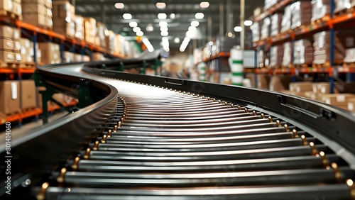 Efficient conveyor belt system moves goods within warehouse optimizing inventory management flow. Concept Inventory Management, Warehouse Efficiency, Conveyor Belt System, Goods Movement
