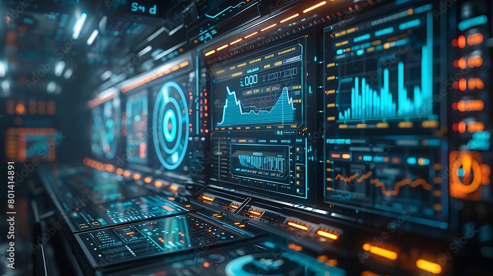 A futuristic financial dashboard featuring a sophisticated array of multiple screens displaying rising stock graphs in various shades of blue.