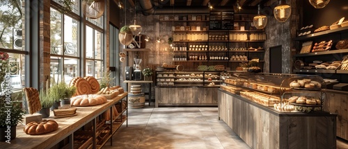 interior of a modern bakery with a variety of breads and pastries on display photo