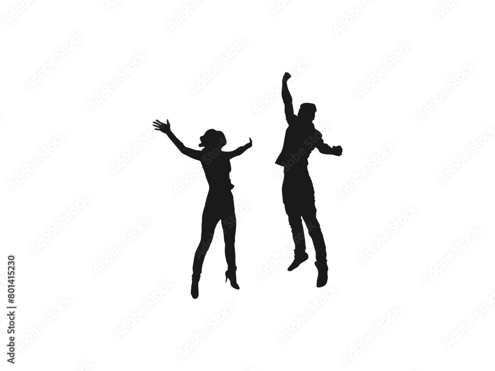 young couple friends jumping silhouettes. People holding hands in a jump vector. People jumping, friends man and woman set. Vector silhouette of woman jumps on white background. black and white.