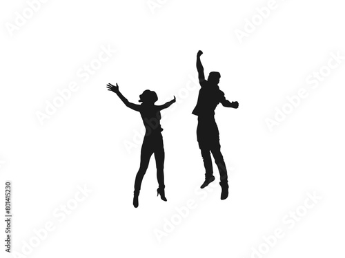 young couple friends jumping silhouettes. People holding hands in a jump vector. People jumping, friends man and woman set. Vector silhouette of woman jumps on white background. black and white. © ultra designer