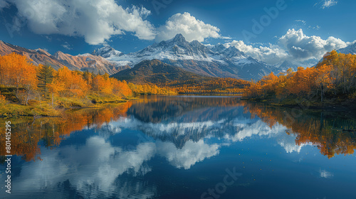 A stunning autumn landscape featuring towering snowcapped mountains  reflecting in the clear blue sky and calm waters of crystal clear lakes surrounded by vibrant golden trees. Created with Ai
