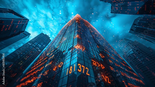 A striking visualization of corporate success, featuring the silhouette of a corporate building filled with glowing digital numbers and stock charts.