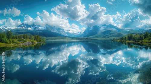 A serene mountain lake reflecting the surrounding greenery and snowcapped peaks. Created with Ai photo
