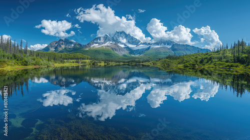 A serene mountain lake reflecting the surrounding greenery and snowcapped peaks, offering an enchanting view of nature's beauty. Created with Ai