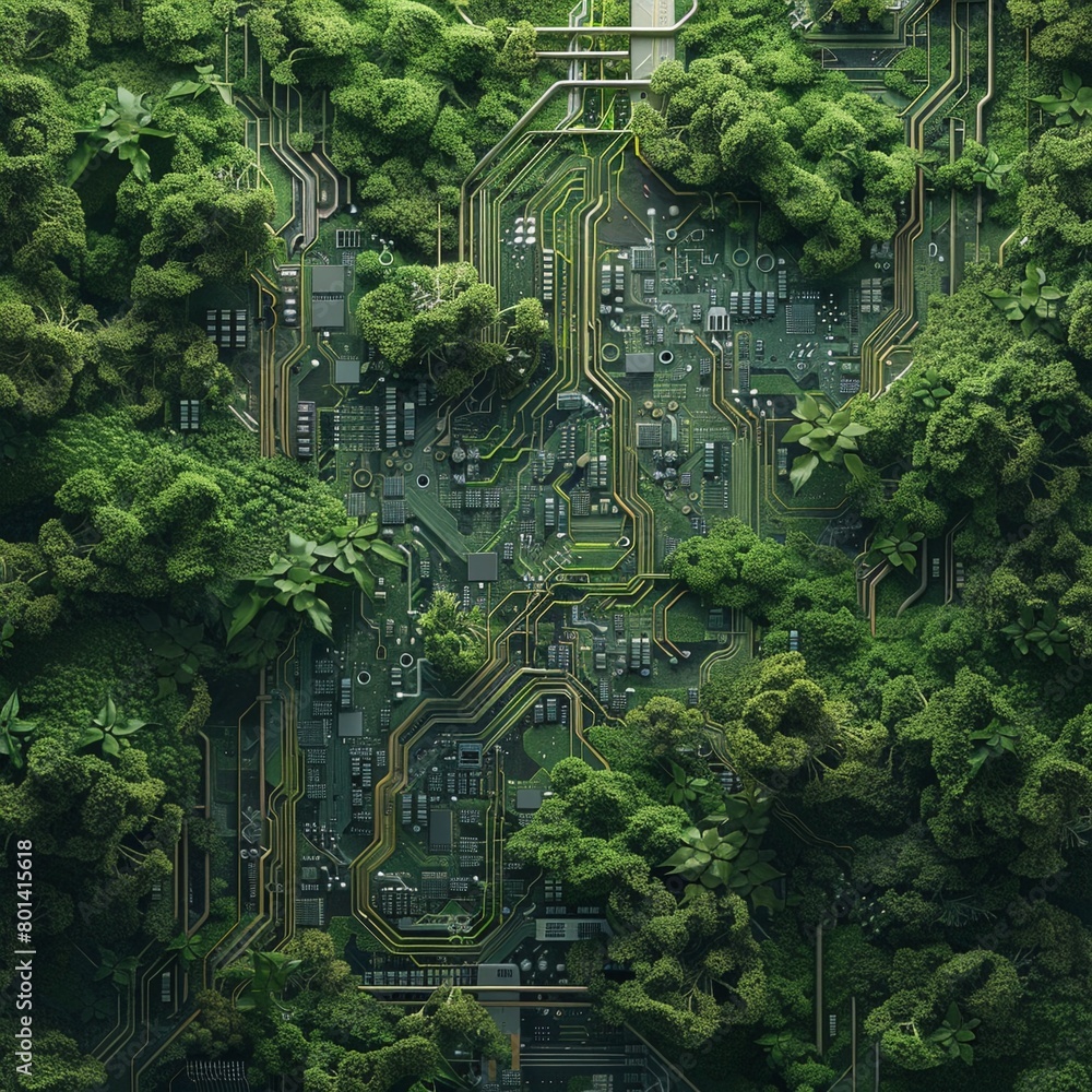 A circuit board with trees and plants growing on it. A circuit board with trees and plants growing on it.